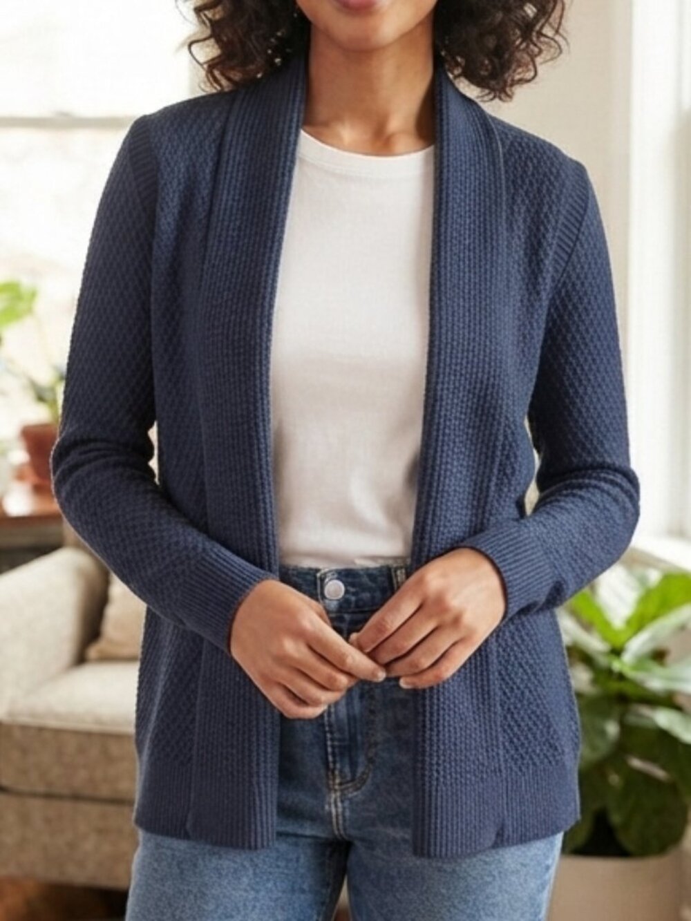 CROFT & BARROW Navy Blue Cotton Blend Open Front Knit Cardigan XS